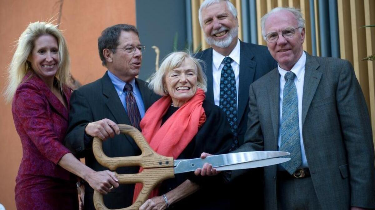 
Larry Vanderhoef, chancellor of UC Davis, right, joins the ribbon cutting celebration in 2008 at The Robert Mondavi Institute for Wine and Food Science grand opening at UC Davis. From left, Clare M. Hasler, executive director of the Robert Mondavi Institute for Wine and Food Science; Robert Grey, University of California system interim provost; Margrit Biever Mondavi, vice president for art and culture at the Robert Mondavi Winery and wife of the late Robert Mondavi; Neal Van Alfen, dean of UC Davis College of Agricultural and Environmental Sciences; and Vanderhoef. 
