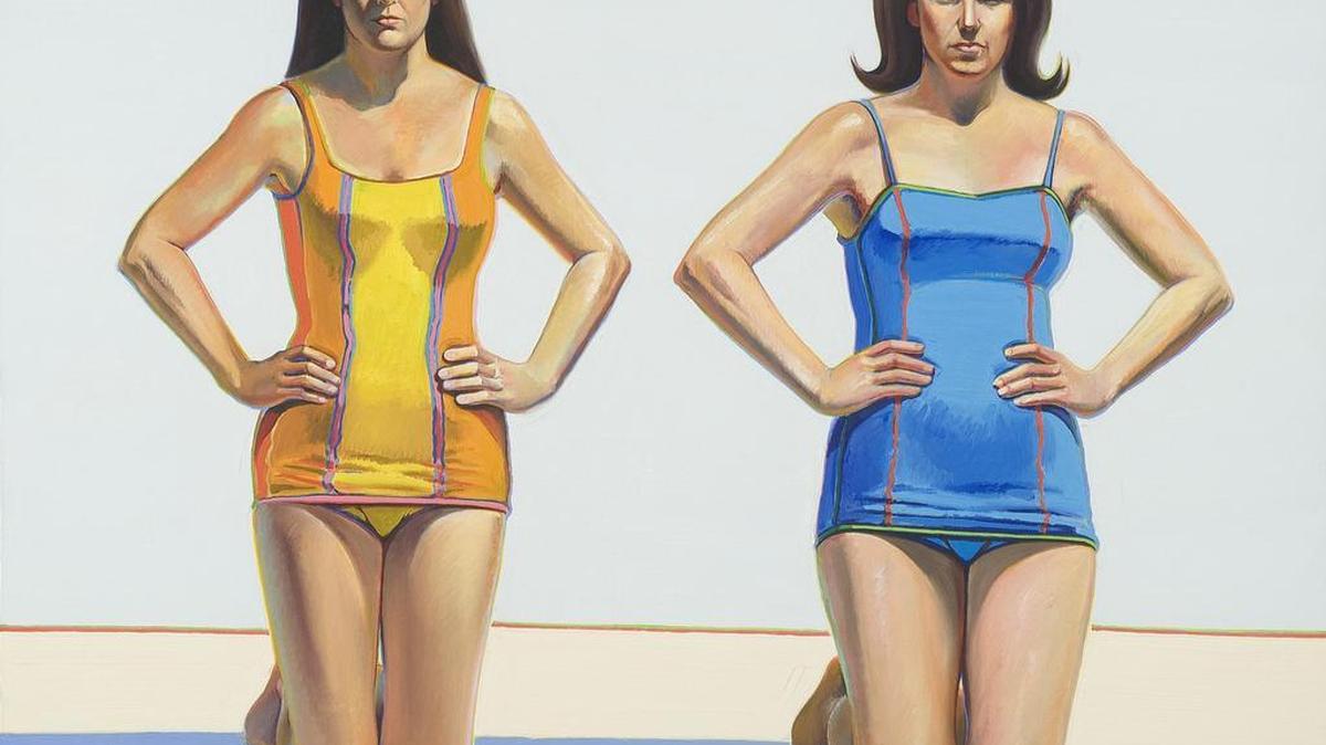 Betty Jean Thiebaud was depicted by her husband in “Two Kneeling Figures.” She wears the orange-and-yellow suit.