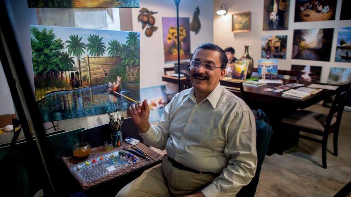
Iraq Refugee Ghanim Alobaidi works on one of the paintings he will feature in the Art for Humanity refugee art exhibit in Sacramento, Calif., Sun., Sept. 20, 2015. Proceeds from the Art for Humanity will benefit the clients and programs of the IRC in Sacramento. It will be held Thursday, September 24, 2015 at 6:30 at the Warehouse Artist Lofts 1108 R Street, Sacramento.

