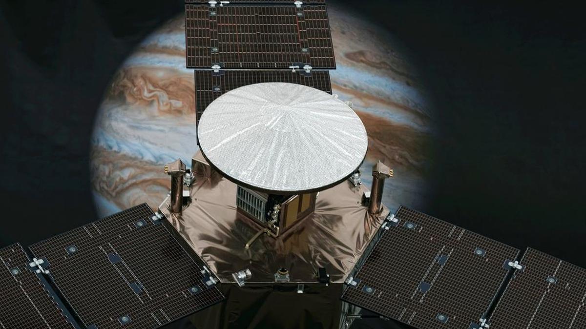 A 1/4 scale model size of NASA's solar-powered Juno spacecraft is displayed at the Jet Propulsion Laboratory in Pasadena, Calif. on Friday, July 1, 2016. The spacecraft is on the final leg of a five-year, 1.8 billion-mile voyage to the biggest planet in the solar system. It's expected to reach Jupiter and go into orbit around the planet on July 4.