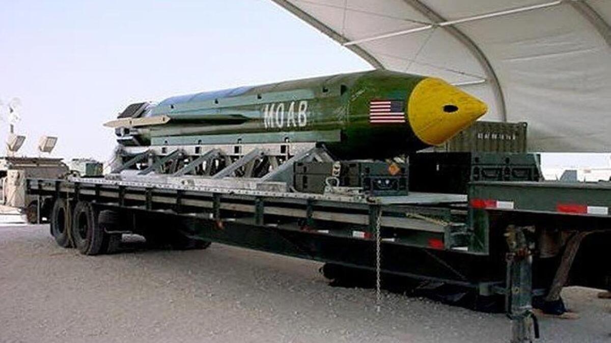 This photo provided by Eglin Air Force Base shows the GBU-43/B Massive Ordnance Air Blast bomb. The Pentagon says U.S. forces in Afghanistan dropped the military’s largest non-nuclear bomb on an Islamic State target in Afghanistan. A Pentagon spokesman said it was the first-ever combat use of the bomb, known as the GBU-43, which he said contains 11 tons of explosives. The Air Force calls it the Massive Ordnance Air Blast bomb. Based on the acronym, it has been nicknamed the “Mother Of All Bombs.”