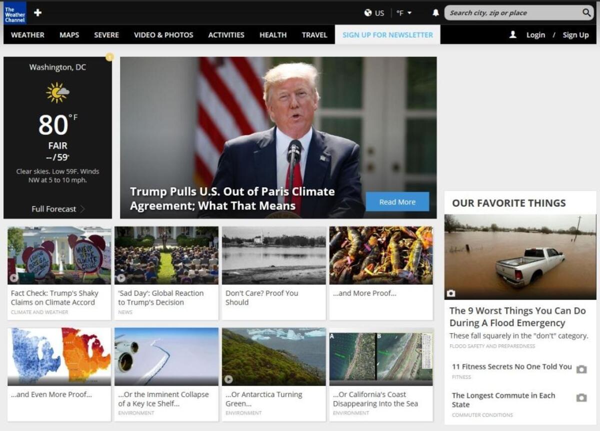 The Weather Channel’s homepage after President Donald Trump’s decision on the Paris climate change accord.
