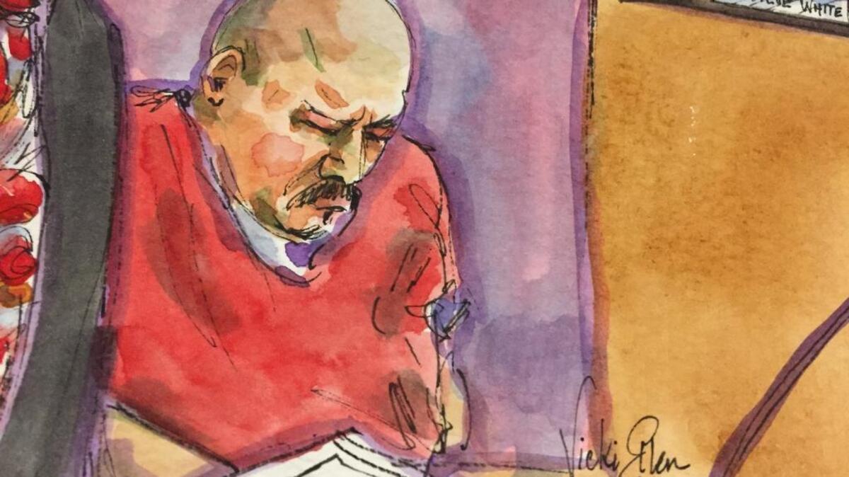 In this artist’s depiction, accused cop killer Luis Bracamontes slumps during a court appearance, apparently sleeping through part of the proceeding.