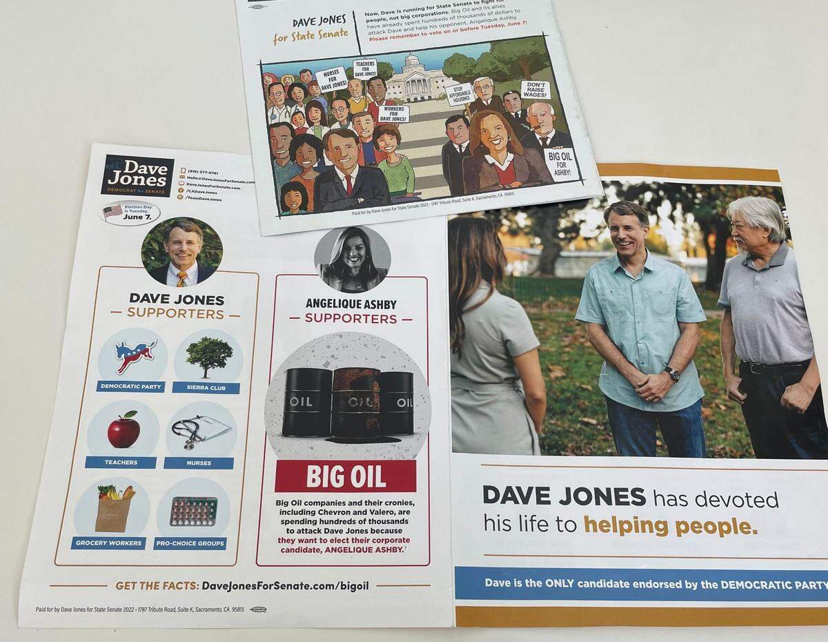Mailers from State Senate District 8 candidate Dave Jones depict his opponent, Angelique Ashby, as a “corporate candidate” backed by big oil interests.