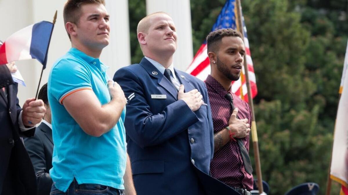
Oregon National Guardsman Alek Skarlatos, left, U.S. Airman Spencer Stone, center, and Anthony Sadler are seen at a Capitol ceremony after the Sacramento parade held Friday in their honor for stopping a gunman on a Paris-bound passenger train. 
