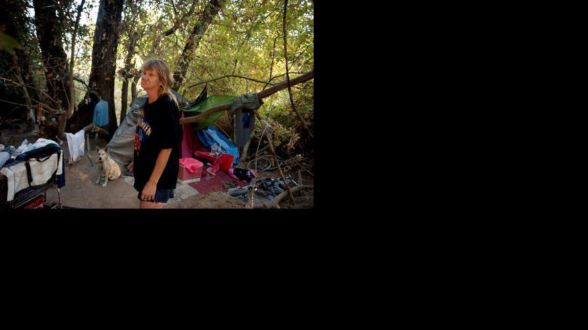 
Birdie, shown with her dog Keetcha, was given a notice to vacate her camp along the American River Parkway near Del Paso and Northgate in 2012. A UC Berkeley study being released this week finds that California local governments are increasingly passing and enforcing laws that have the effect of criminalizing homelessness.
