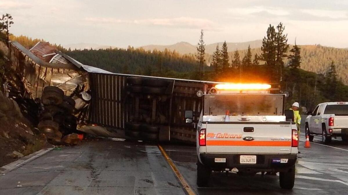 
A big rig carrying a load of figs caused traffic back-ups an detours when it jackknifed east of Donner Summit on Friday evening.
