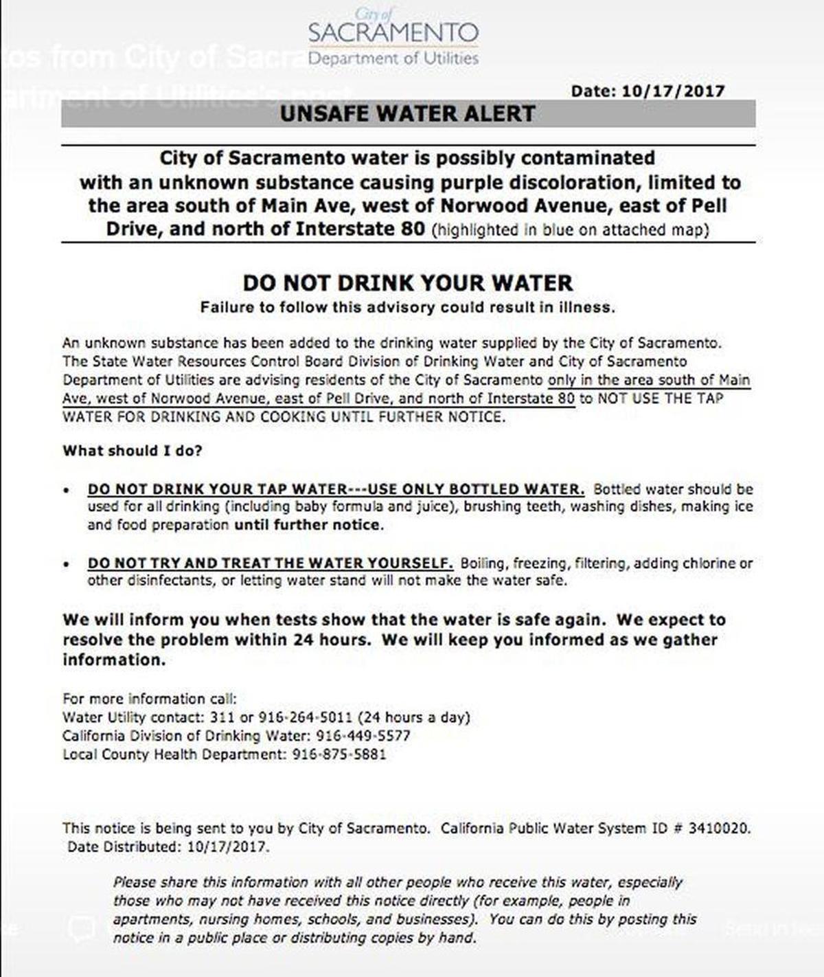 Letter sent to residents about the unsafe water alert.