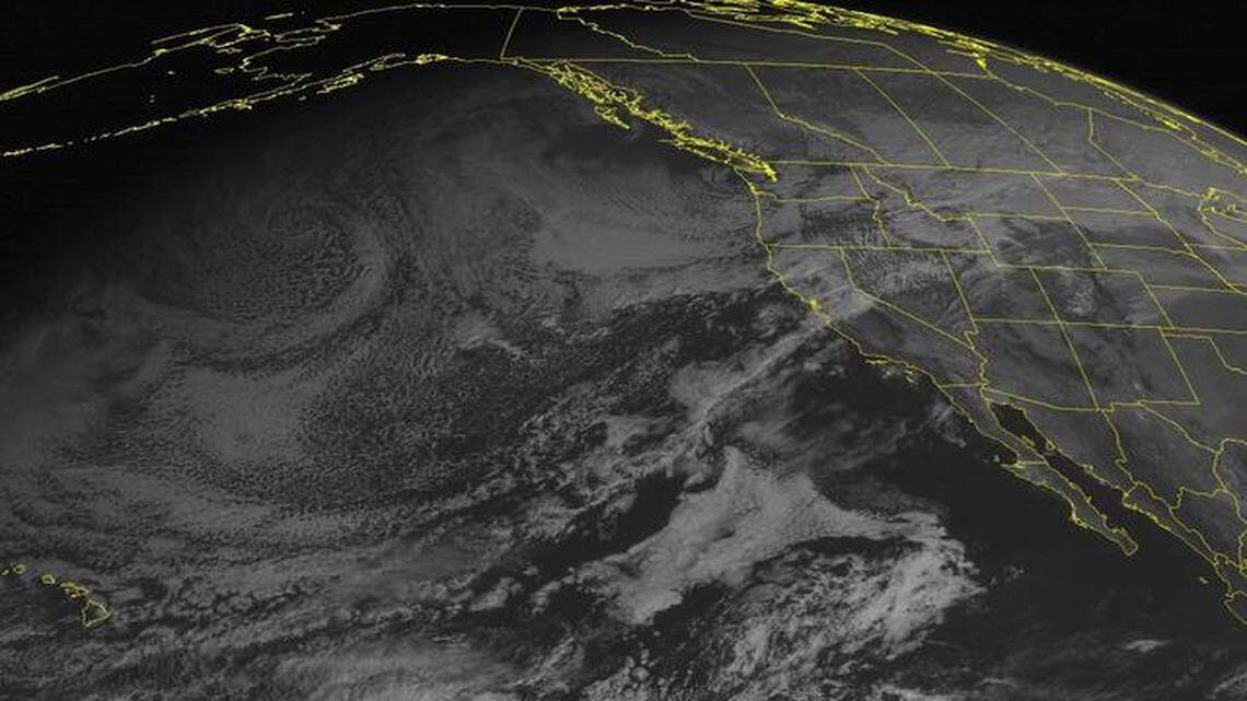 
This NOAA satellite image shows the storm system currently bringing precipitation to California and the Pacific Northwest. Rain and snow produced by a continuing series of storms is expected to continue through Wednesday.
