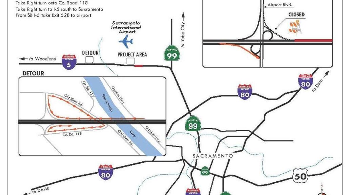 Nighttime roadwork will result in a detour and added travel time for northbound I-5 motorists traveling to Sacramento International Airport.