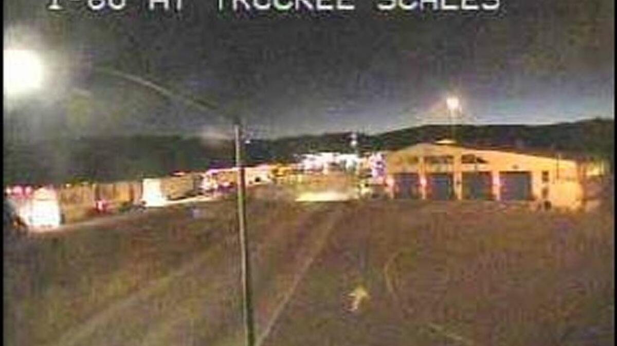 Traffic remains stopped Saturday night near the truck scales near Truckee while authorities investigate a fatal shooting on westbound Interstate 80.