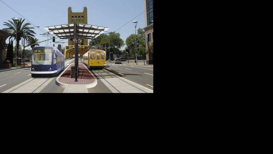 
Rendering of proposed Old Sacramento Station with two streetcars and Tower Bridge in the background, part of a proposed Downtown/Riverfront Streetcar project linking West Sacramento and Sacramento.
