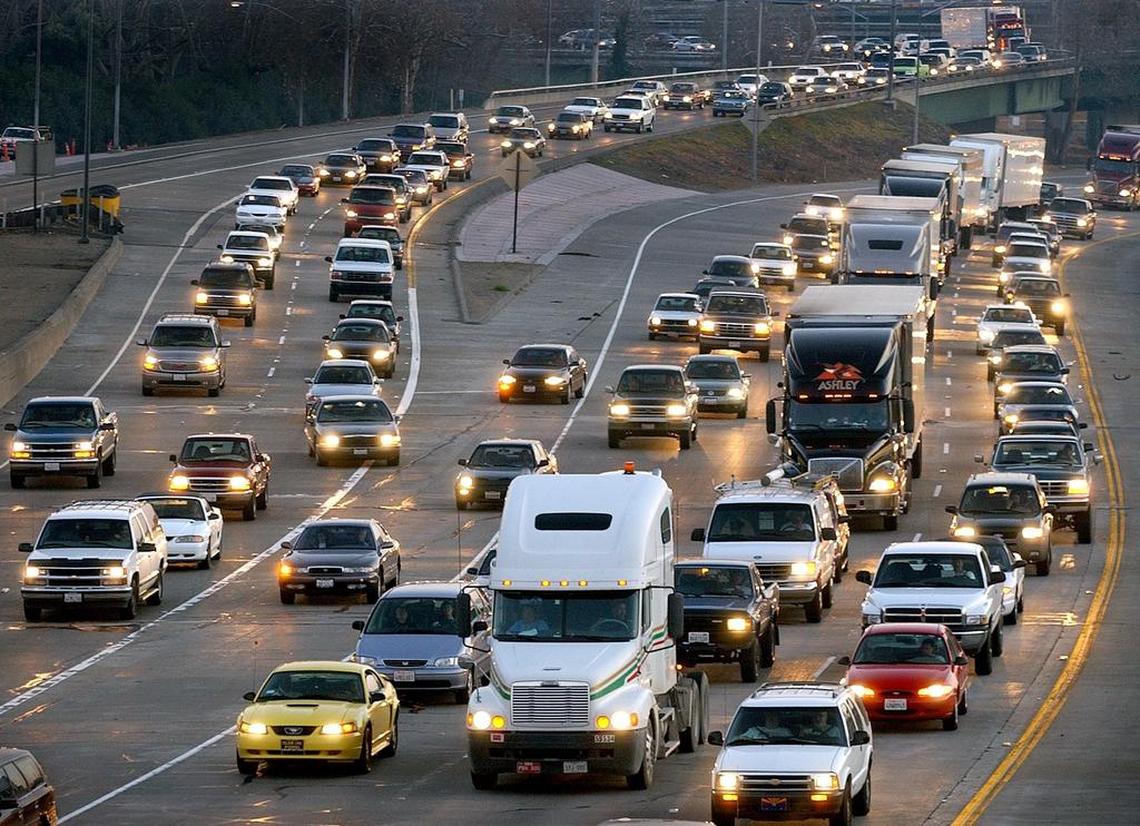 Traffic creeps along northbound Interstate 5 south of Old Sacramento as motorists merge from westbound Highway 50, left, during an evening commute. Interstate 5 is the fourth-most dangerous highway in the United States, according to a report.