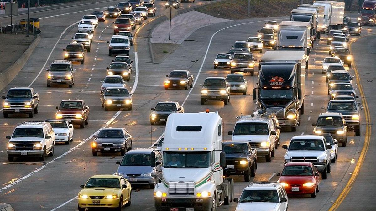 Traffic creeps along northbound Interstate 5 south of Old Sacramento as motorists merge from westbound Highway 50, left, during an evening commute. Interstate 5 is the fourth-most dangerous highway in the United States, according to a report.