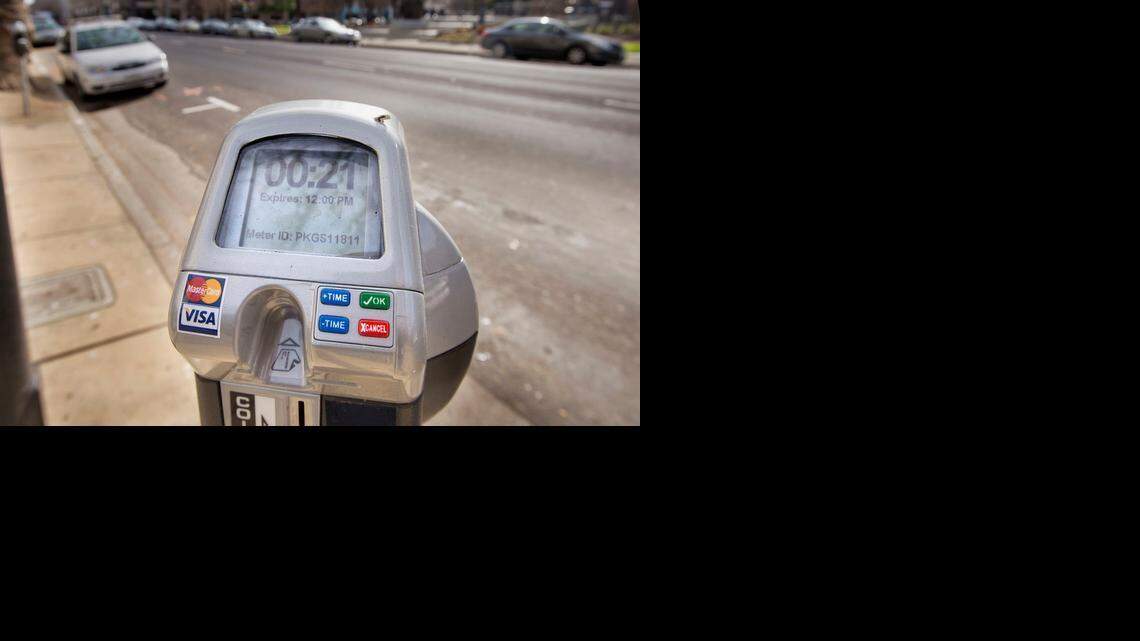 
Parking meters stand near Sacramento’s City Hall in Sacramento.
