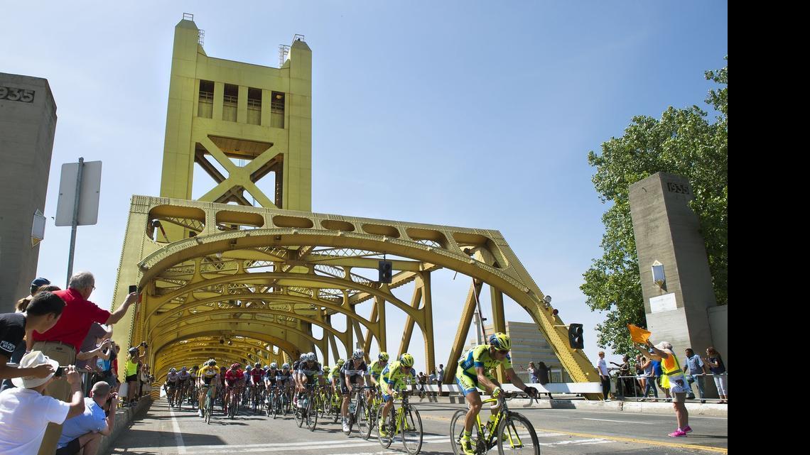 
Riders cross the Tower Bridge last month during the Tour of California. 
