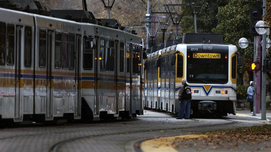 Regional Transit light-rail trains travel through downtown Sacramento in 2009.