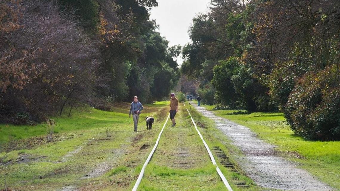 Sam Johnstone, left, and his girlfriend Lauren Shumaker, both of Palo Alto, walk with their dog along an old train line that runs through South Land Park on Tuesday, Dec. 22, 2015, in Sacramento, Calif. The corridor will serve as the home for the proposed Del Rio Trail. The 4.5-mile line starts near the Sacramento Zoo and ends near Meadowview Road.