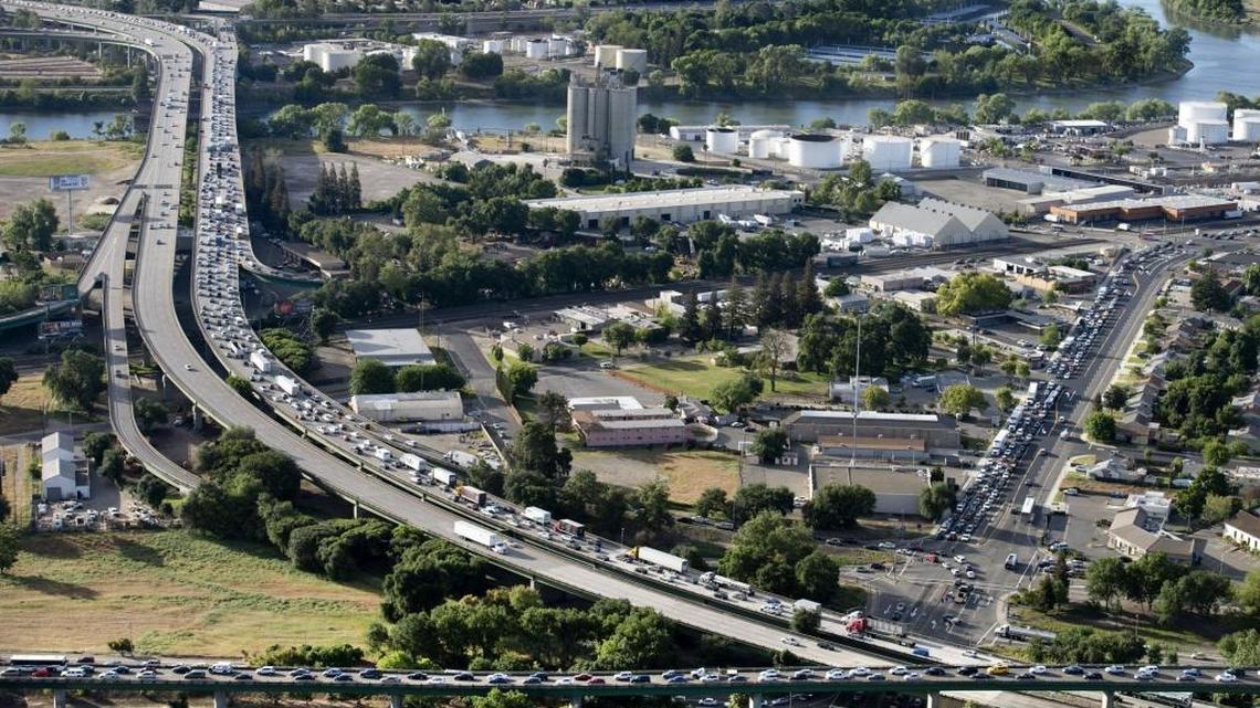 Traffic is stalled on Highway 50 near Jefferson Boulevard in 2014. “A hazard of some sort” caused some of the freeway’s lanes to buckle Sunday.