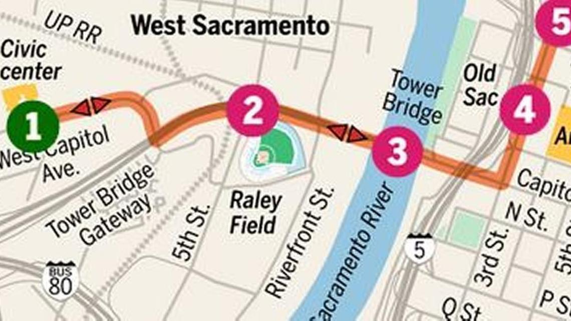Sacramento’s proposed 3.3-mile trolley line would run from West Sacramento City Hall over Tower Bride and eastward as far as 19th Street in midtown Sacramento.