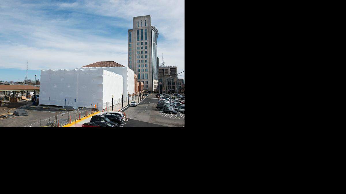 
The city of Sacramento is in the midst of a $30 million renovation project at the Sacramento Valley Station – covered in shrink wrap – on Tuesday, Feb. 10, 2015, in Sacramento, Calif. Standing tall in the background is the federal courthouse.
