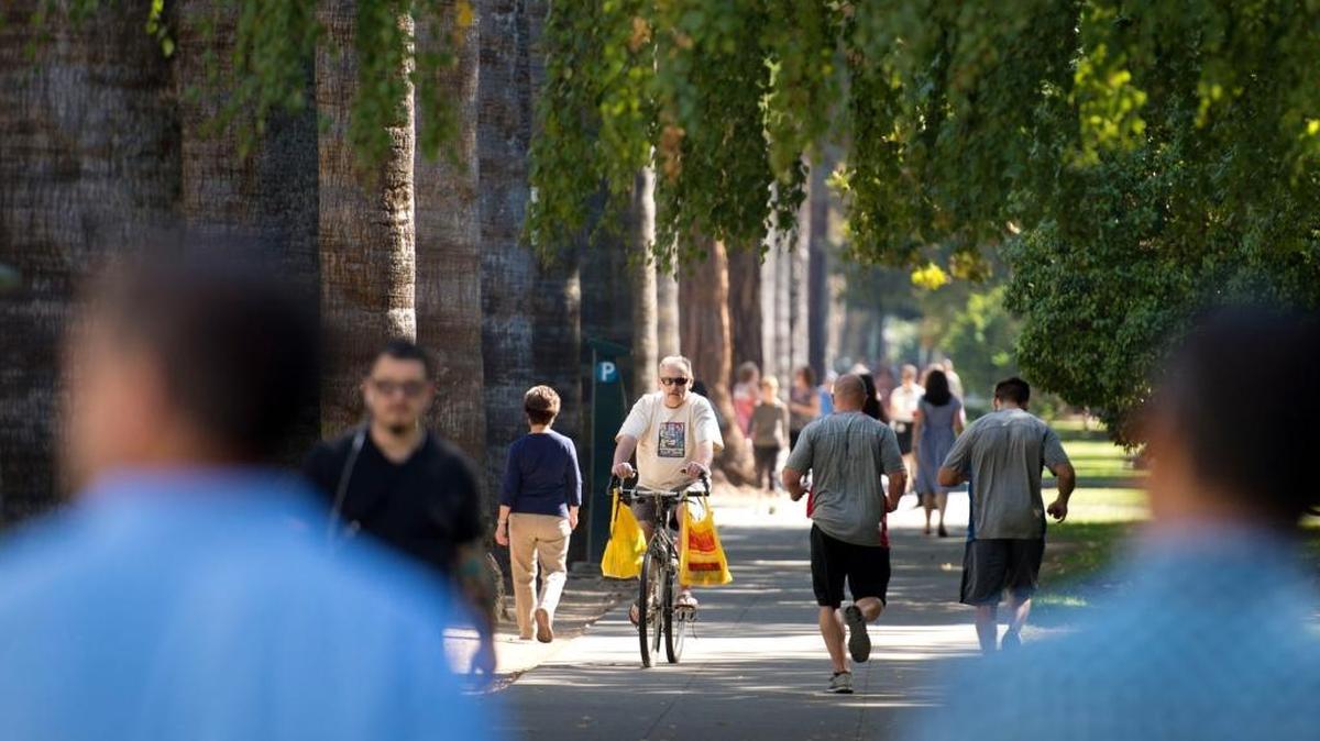 
A bicycle rider mixes with pedestrians on a L Street sidewalk alongside Capitol Park in downtown Sacramento last year. Under a preliminary proposal reviewed Tuesday by a City Council legal committee, cyclists would likely be banned from riding on sidewalks in the core downtown and along some midtown corridors with lots of pedestrians, such as J Street, but would be allowed to ride on sidewalks in most of the city.
