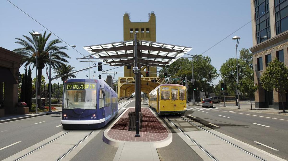 Rendering of proposed Old Sacramento Station with two streetcars and Tower Bridge in the background, part of a proposed downtown/ riverfront streetcar project linking West Sacramento and Sacramento.
