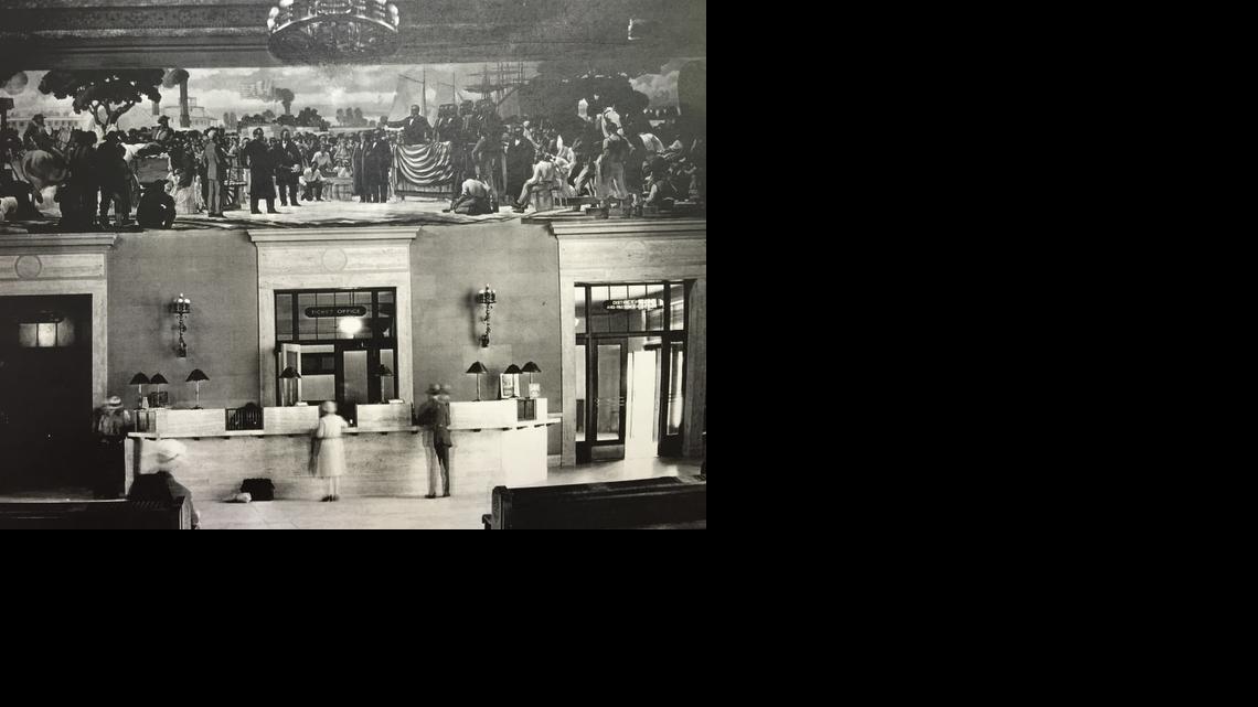 
The mural on the east wall of the downtown train depot once stood over the train ticketing counters, which have since been moved.
