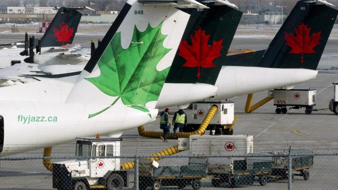 An Air Canada Jazz plane sits on the tarmac at Dorval Airport in Montreal.