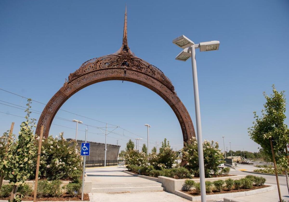 A temple-like arch stands at the Franklin light rail station in 2015, soon after the public artwork’s installation. Plans to pursue opening a safe parking site at the station for homeless people living in vehicles were cut down by the U.S. Department of Transportation, adding a significant obstacle for the city of Sacramento project.