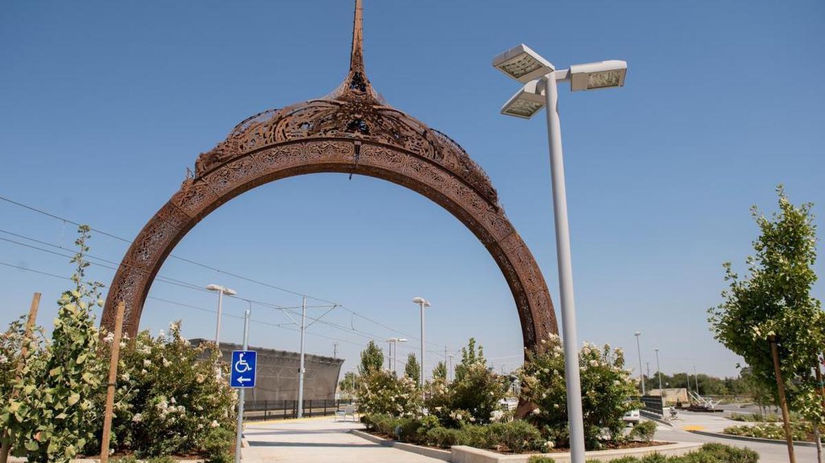 The new Franklin Station light rail stop will be in operation the first week in September where one of the new pieces of public art has been constructed – a large temple-like arch on the west side entrance.