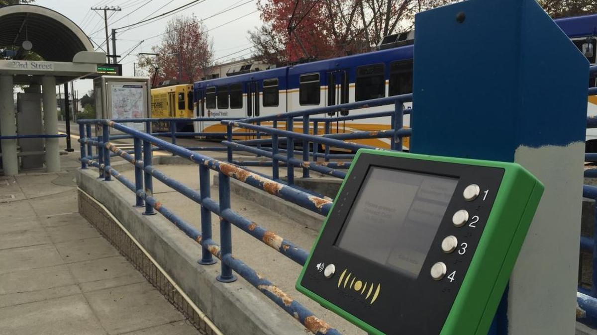 “Connect Card” readers are popping up at area transit stations and on buses. Shown here is a reader in green casing at the 23rd Street light-rail station in Sacramento.