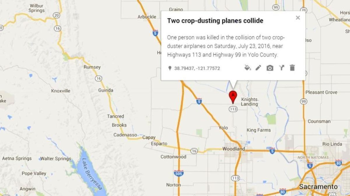 The crash of two crop-duster airplanes killed one of the pilots on Saturday, July 23, 2016, in Yolo County.