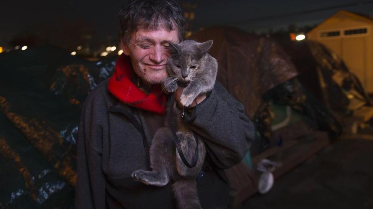 Mike Tarp heads to his tent with his cat named Savage that he walks on a leash at Tent City 5, one of the city sanctioned homeless encampments located in Seattle's Interbay neighborhood, Thursday, February 25, 2016.