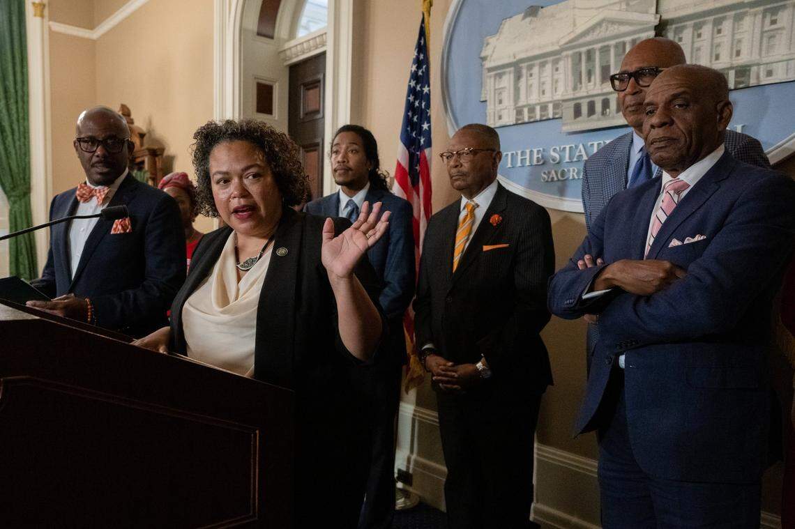 Assemblywoman Mia Bonta, D-Oakland, speaks at a press conference at the state Capitol in Sacramento in May. Bonta voted in favor of a bill to strengthen penalties for child sex traffickers, even though she worries it could negatively impact victims.