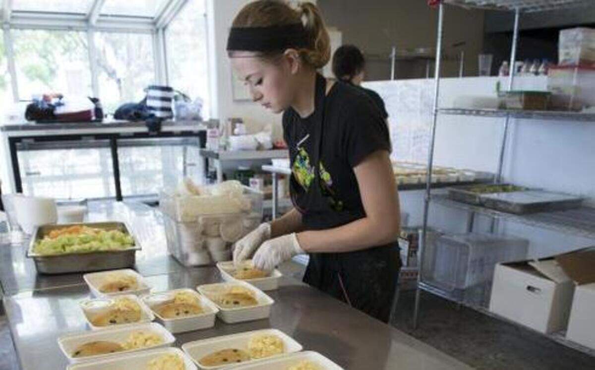 
Rachael Pyle packages blueberry pancakes and eggs in the Fit Eats kitchen on Keifer Boulevard on Wednesday, April 8, 2015, in Sacramento, Calif. The midtown restaurant began as a Sacramento-based home-delivery service for fresh-made, single-serving meals.
