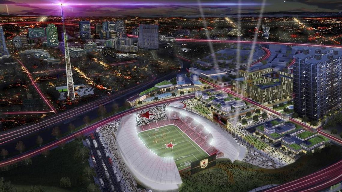 A preliminary drawing shows the location of a Major League Soccer stadium in the downtown railyard. The City Council will vote on a term sheet on Dec. 1 outlining the timing and financing of a $226 million stadium project for Republic FC.