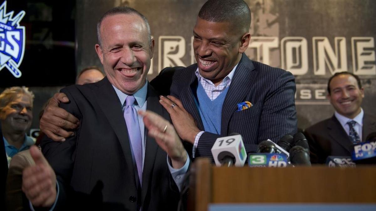 Then-Senate President Pro Tem Darrell Steinberg shares a laugh with Sacramento Mayor Kevin Johnson in 2013.
