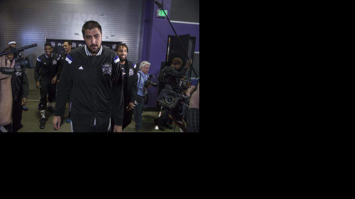 
Sacramento Kings center Sim Bhullar (32) prepares to take the floor with teammates on Friday night, April 3, 2015 before the NBA game between the Sacramento Kings and New Orleans Pelicans at Sleep Train Arena in Sacramento.
