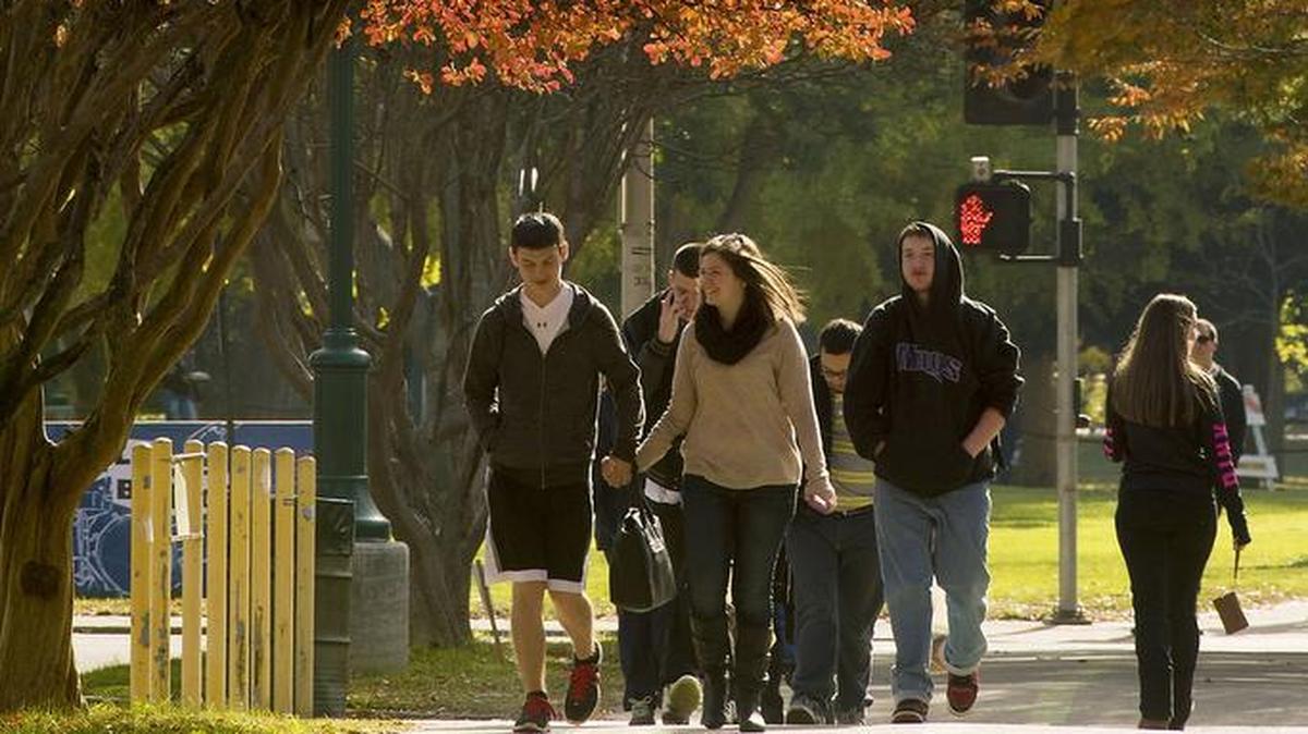 Students beneath a canopy of fall foliage on the campus of Sac State in Sacramento on Wednesday, November 18, 2015.