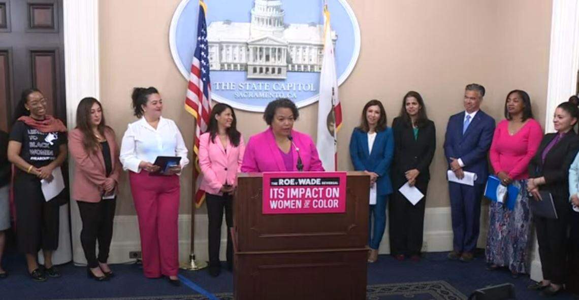 California Assemblywoman Mia Bonta, D-Oakland, shares her abortion story at a news conference highlighting the impacts people of color will face if the U.S. Supreme Court strikes down Roe v. Wade. Bonta was joined by her husband, Attorney General Rob Bonta, who “held (her) hand” when she made the decision to have an abortion as she finished college.