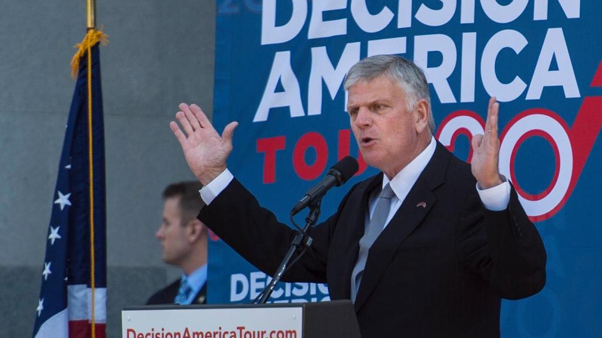 Franklin Graham, son of famed preacher Billy Graham, stopped in Sacramento as a part of the Decision America Tour on Thursday, March 31, 2016, at the State Capitol in Sacramento, Calif. Graham is making stops to the nation's state capitals in which he is calling for people to embrace "Christian values" and cast their votes based on the Bible. Sacramento's LGBT community, saying that Graham views them as "predators and sexually perverted people" plans a counter-demonstration at the state Capitol.