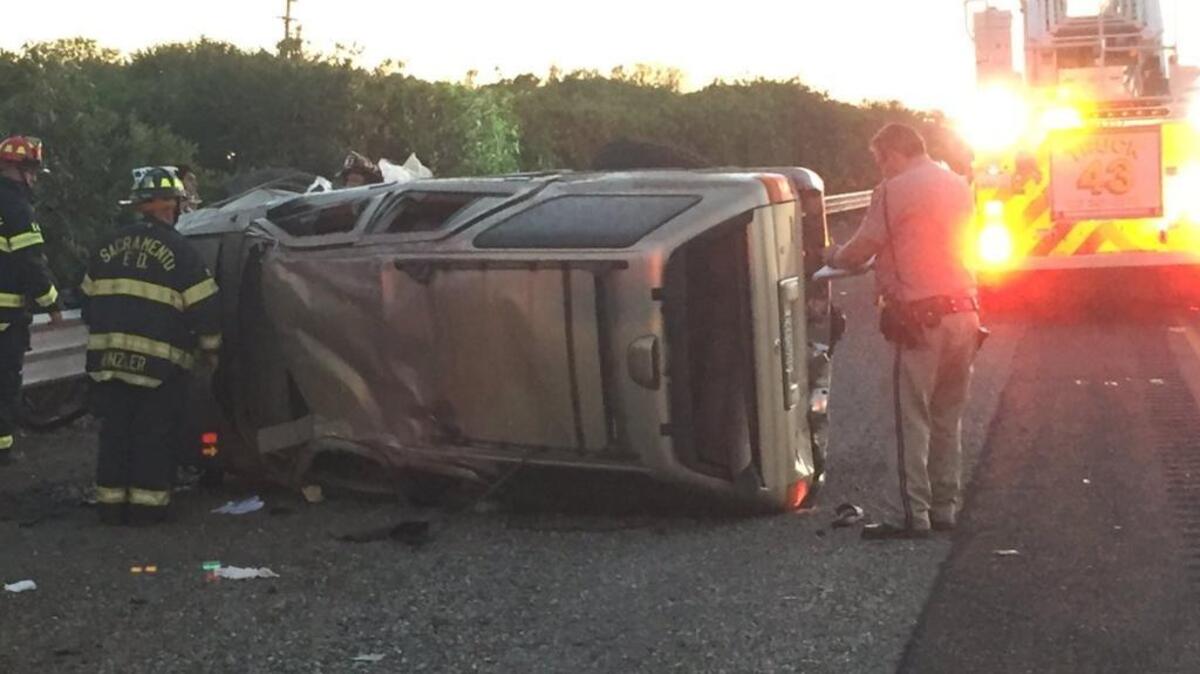 A rollover accident on Interstate 5 near Airport Boulevard left three people injured Sunday, according to the Sacramento Fire Department.
