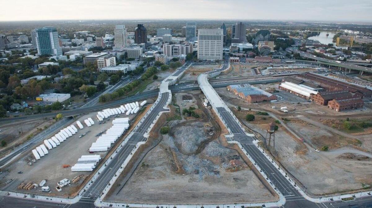 Aerial of the rail yards north of downtown Sacramento on Friday, Oct. 16, 2015, shows the completed streets and working traffic lights that are installed. The city wants the new roadways open before the arena makes its debut in the fall.