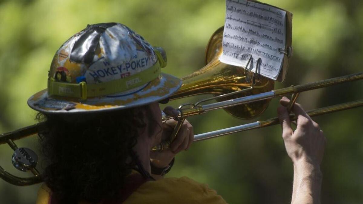 A musician with the Humbolt State University Marching Lumberjacks performs during a battle of the bands during Picnic Day activities at UC Davis in Davis in 2016.