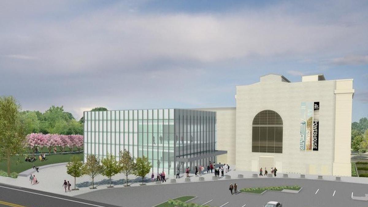 An artist rendering of what the Powerhouse Science Center is to eventually look like shows the old building last used in the 1950s, at right, and the contrasting new annex.
