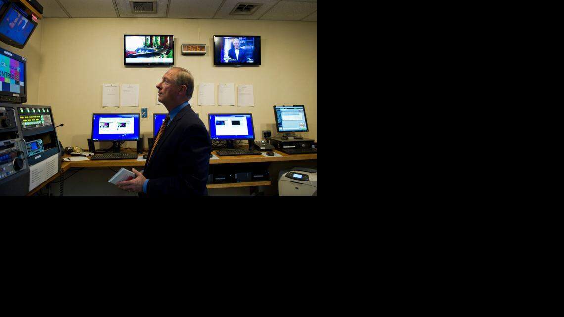 
Tom DuHain looks at news feeds in the KCRA feed hub Wednesday. DuHain is retiring  from KCRA Channel 3 after 46 years there.
