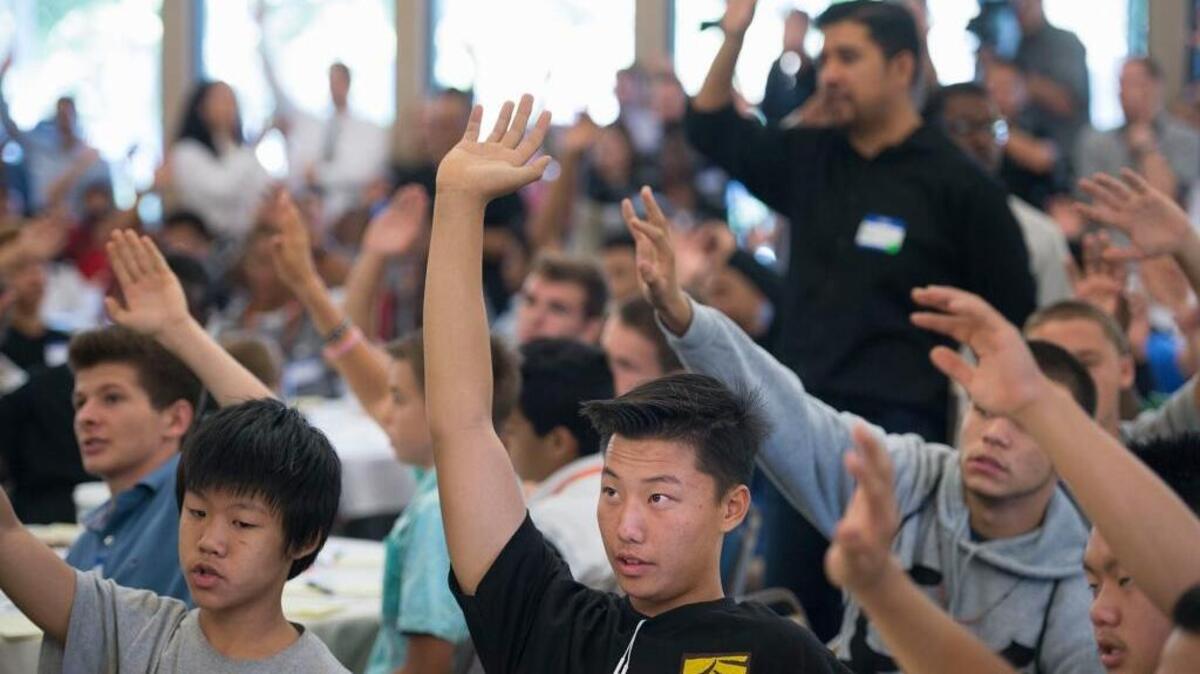 
Young men participate in the Sacramento My Brother’s Keeper Community Convening at Sacramento State on Friday, Sept. 25, in Sacramento. Hundreds of middle and high school students of color from throughout Sacramento County came to tell the adults what support they need to succeed.
