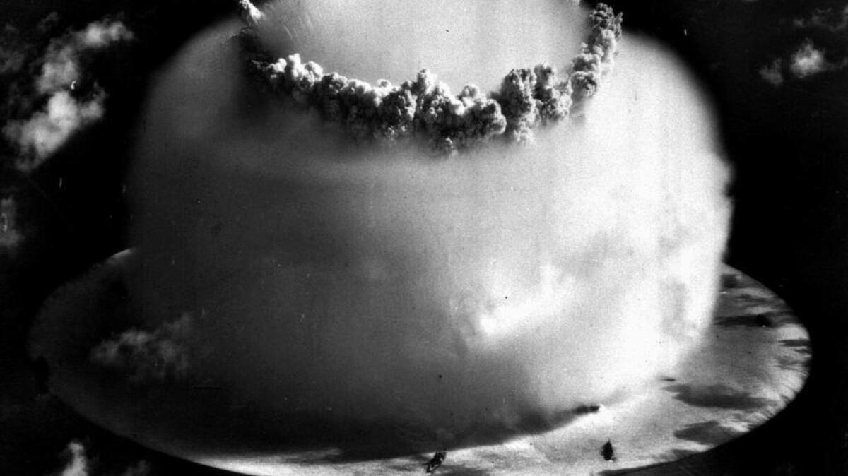 FILE - In this July 25, 1946 file photo, a huge mushroom cloud rises above Bikini atoll in the Marshall Islands following an atomic test blast, part of the U.S. military's "Operation Crossroads."