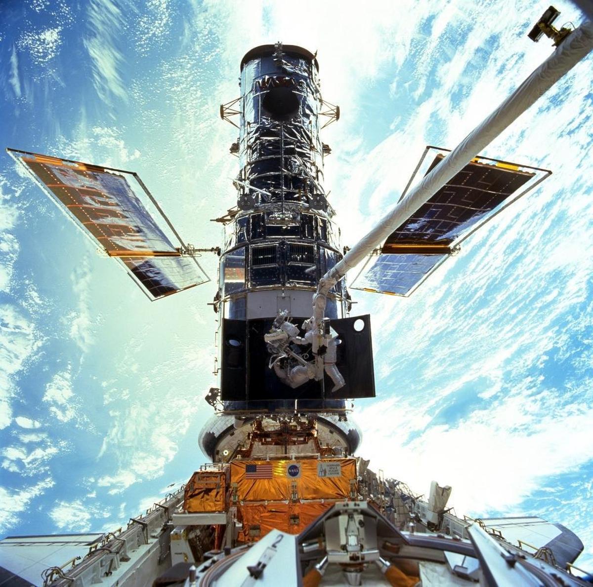 The Hubble Space Telescope, as seen from the International Space State. The Hubble was sent into space in 1990 and has gathered innumerable images and huge amounts of valuable information during its lifetime.